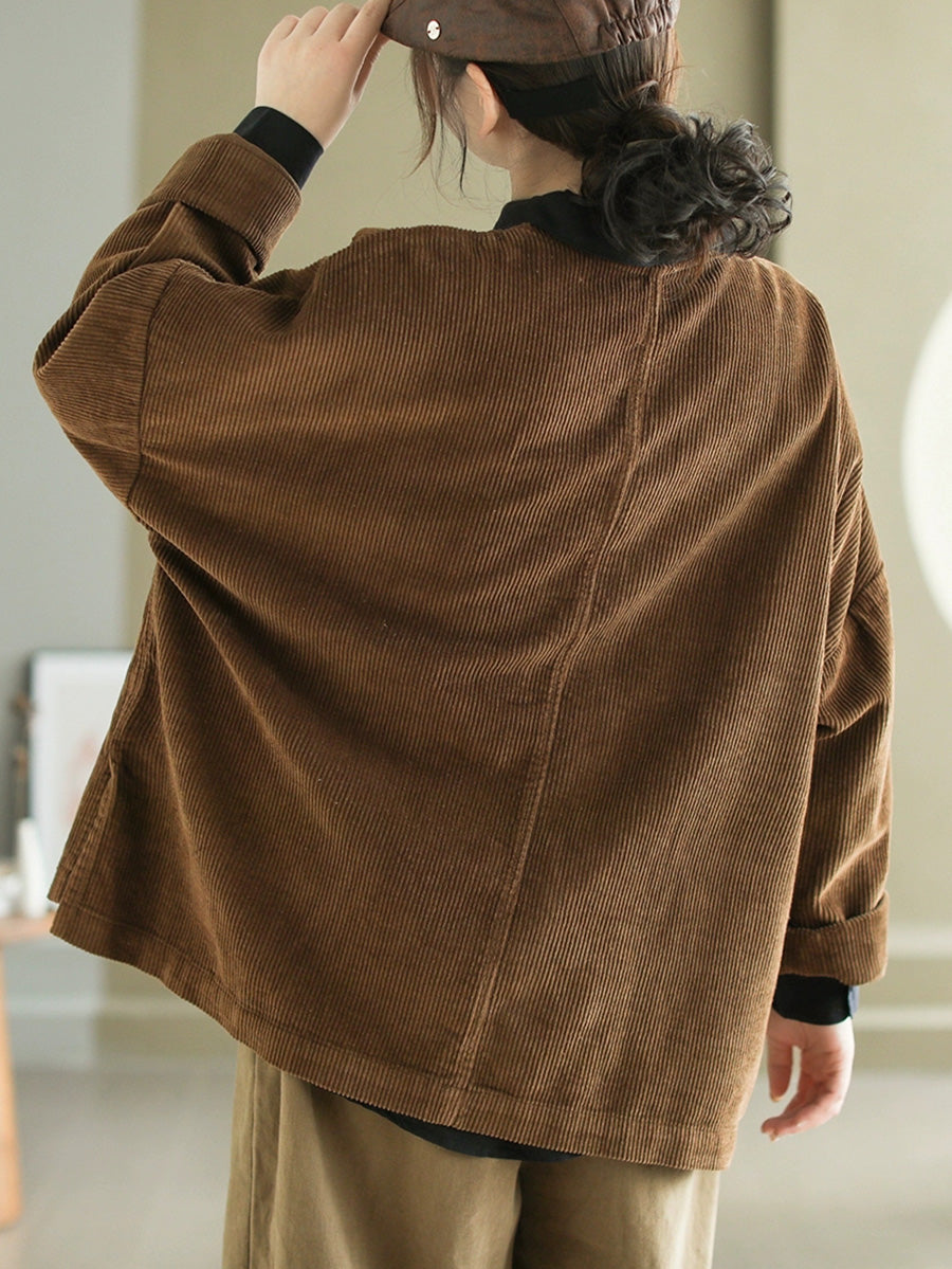 Women Casual Autumn Pure Color V-Neck Corduroy Coat