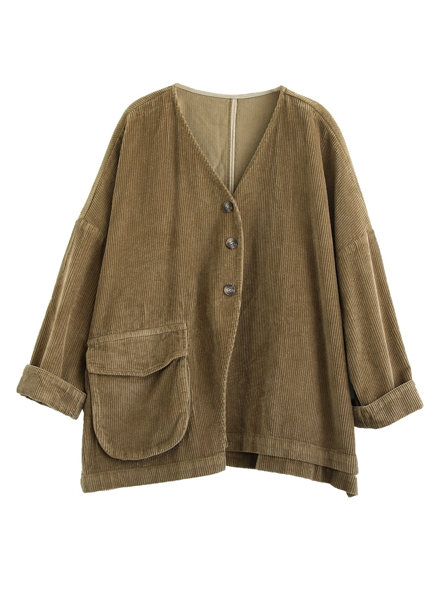 Women Casual Autumn Pure Color V-Neck Corduroy Coat