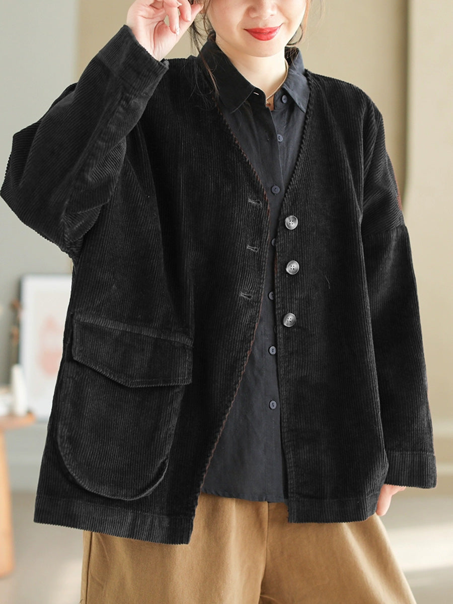 Women Casual Autumn Pure Color V-Neck Corduroy Coat