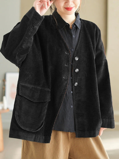Women Casual Autumn Pure Color V-Neck Corduroy Coat