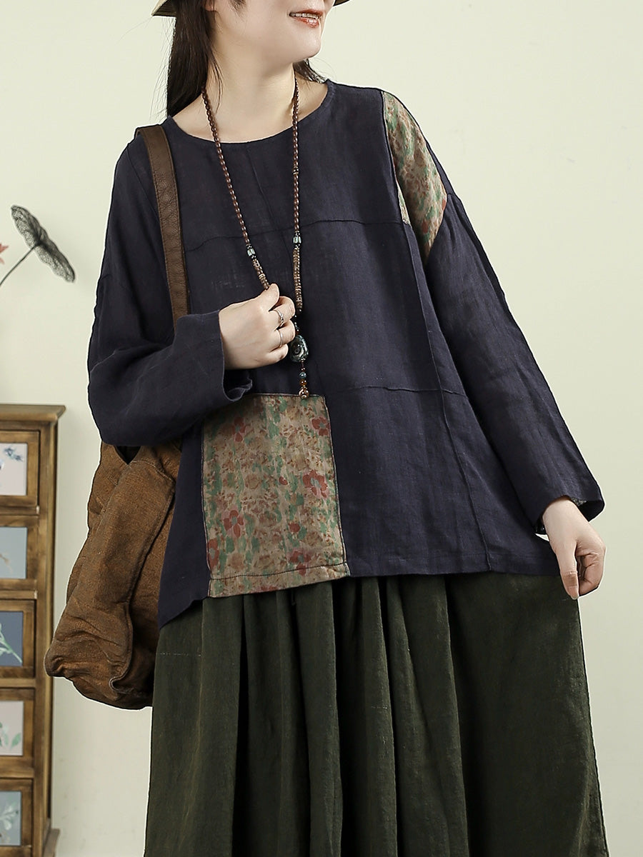 Women Autumn Retro Flower Patch 100%Linen O-Neck Shirt