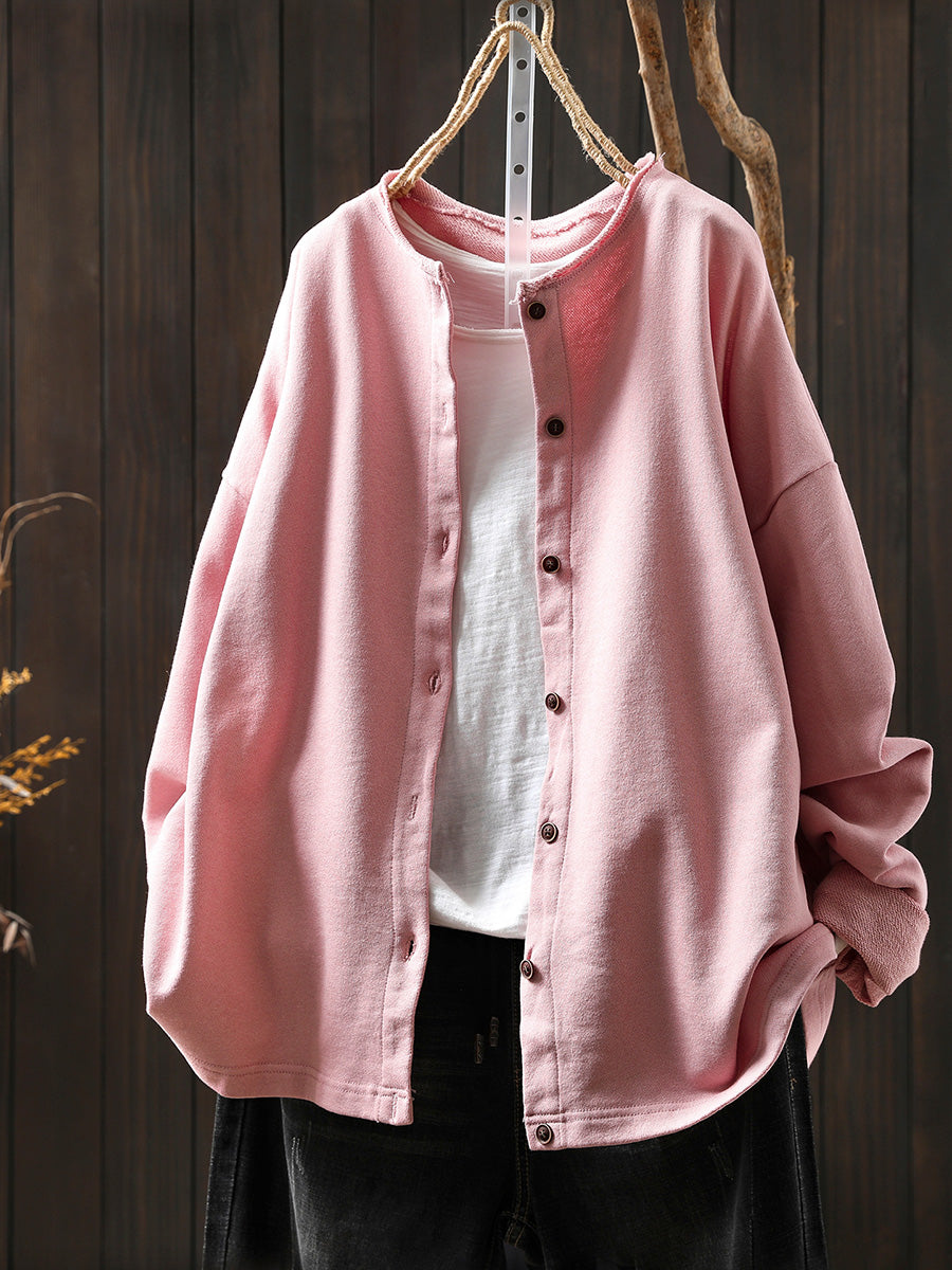 Plus Size Women Autumn Casual Pure Color Cotton Cardigan Shirt