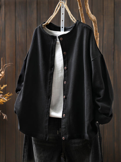 Plus Size Women Autumn Casual Pure Color Cotton Cardigan Shirt