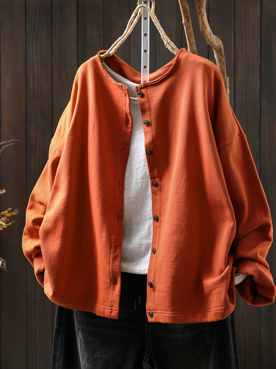 Plus Size Women Autumn Casual Pure Color Cotton Cardigan Shirt