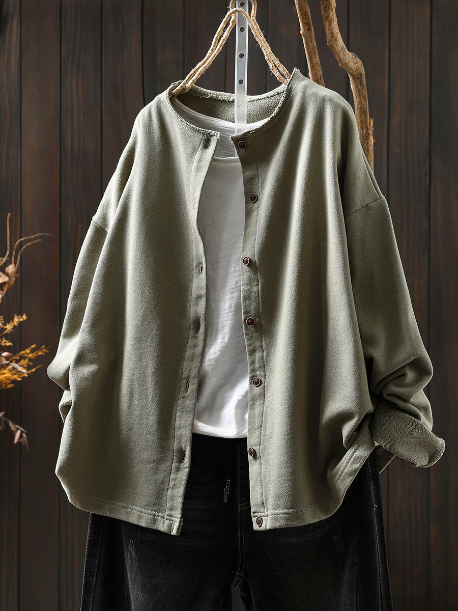 Plus Size Women Autumn Casual Pure Color Cotton Cardigan Shirt