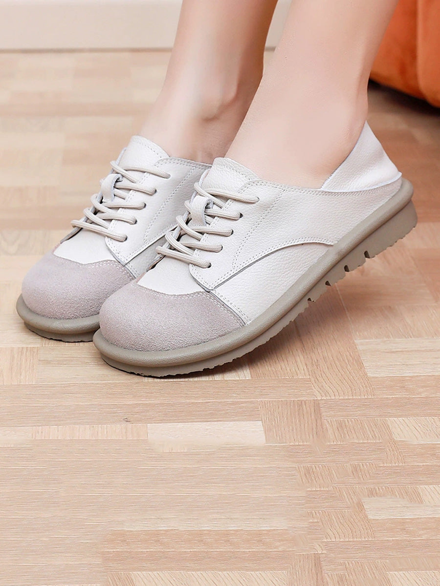 Women Vintage Leather Spliced Strap Flat Shoes