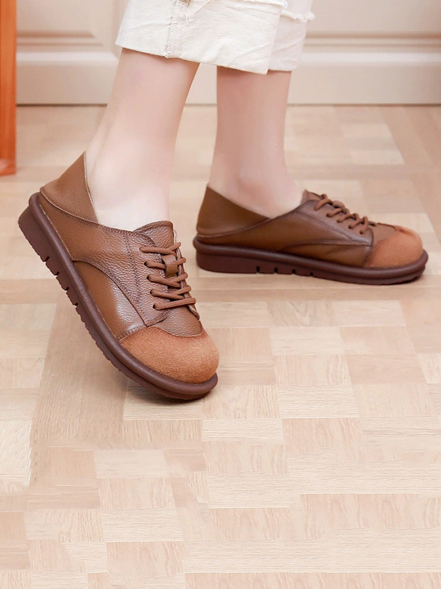 Women Vintage Leather Spliced Strap Flat Shoes