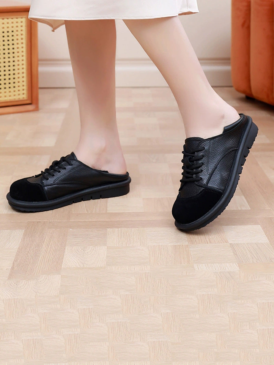 Women Vintage Leather Spliced Strap Flat Shoes