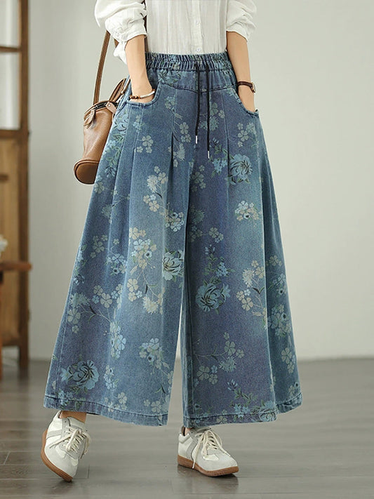 Women Autumn Retro Flower Denim Wide-leg Pants