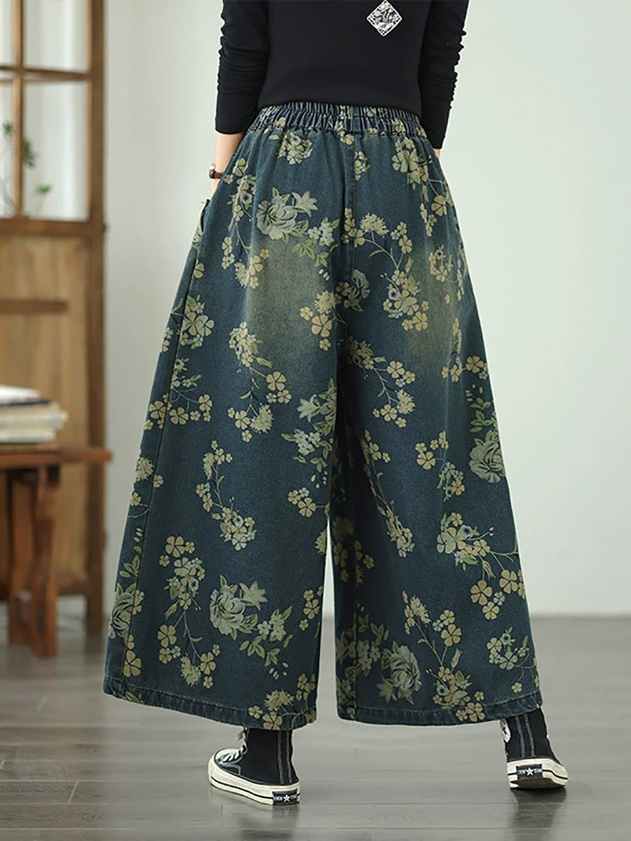 Women Autumn Retro Flower Denim Wide-leg Pants