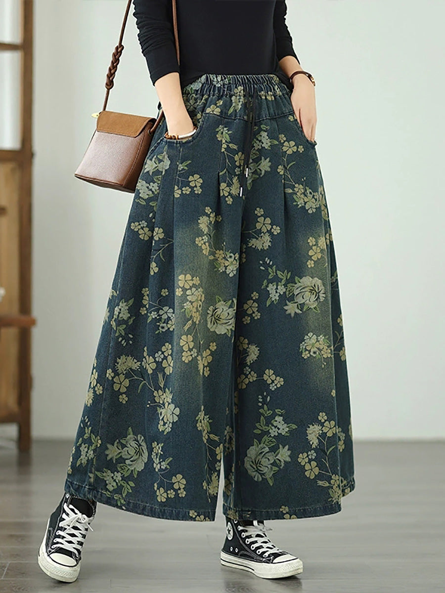 Women Autumn Retro Flower Denim Wide-leg Pants