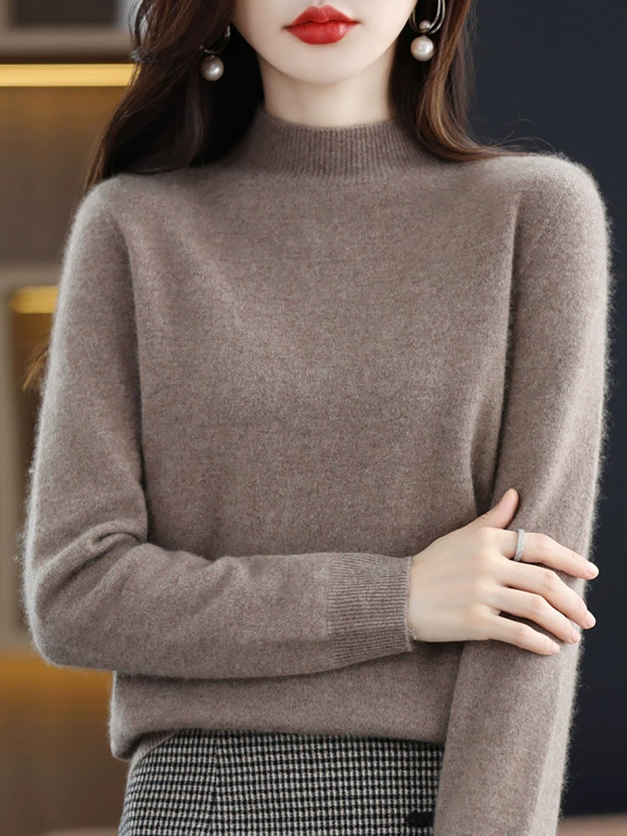Women Autumn Casual Knitted Wool Half-Turtleneck Sweater