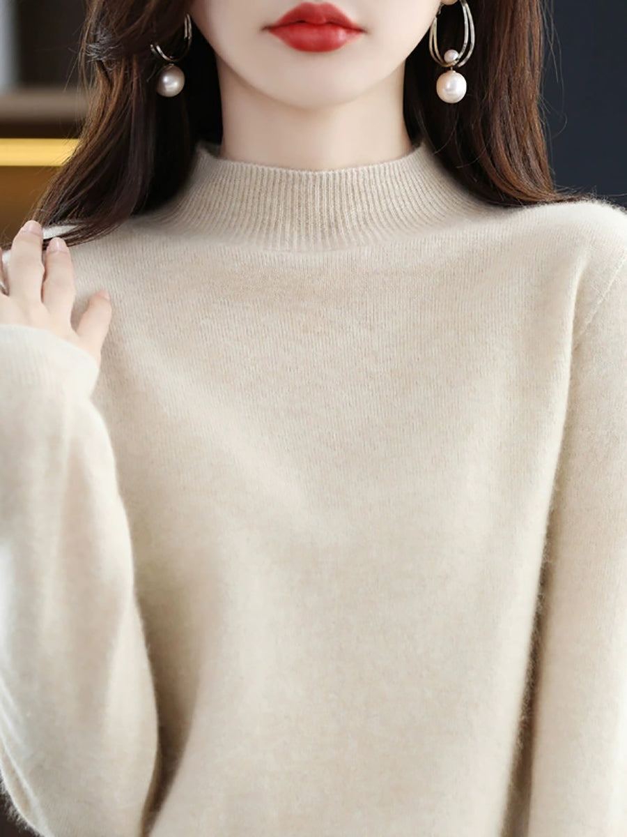 Women Autumn Casual Knitted Wool Half-Turtleneck Sweater