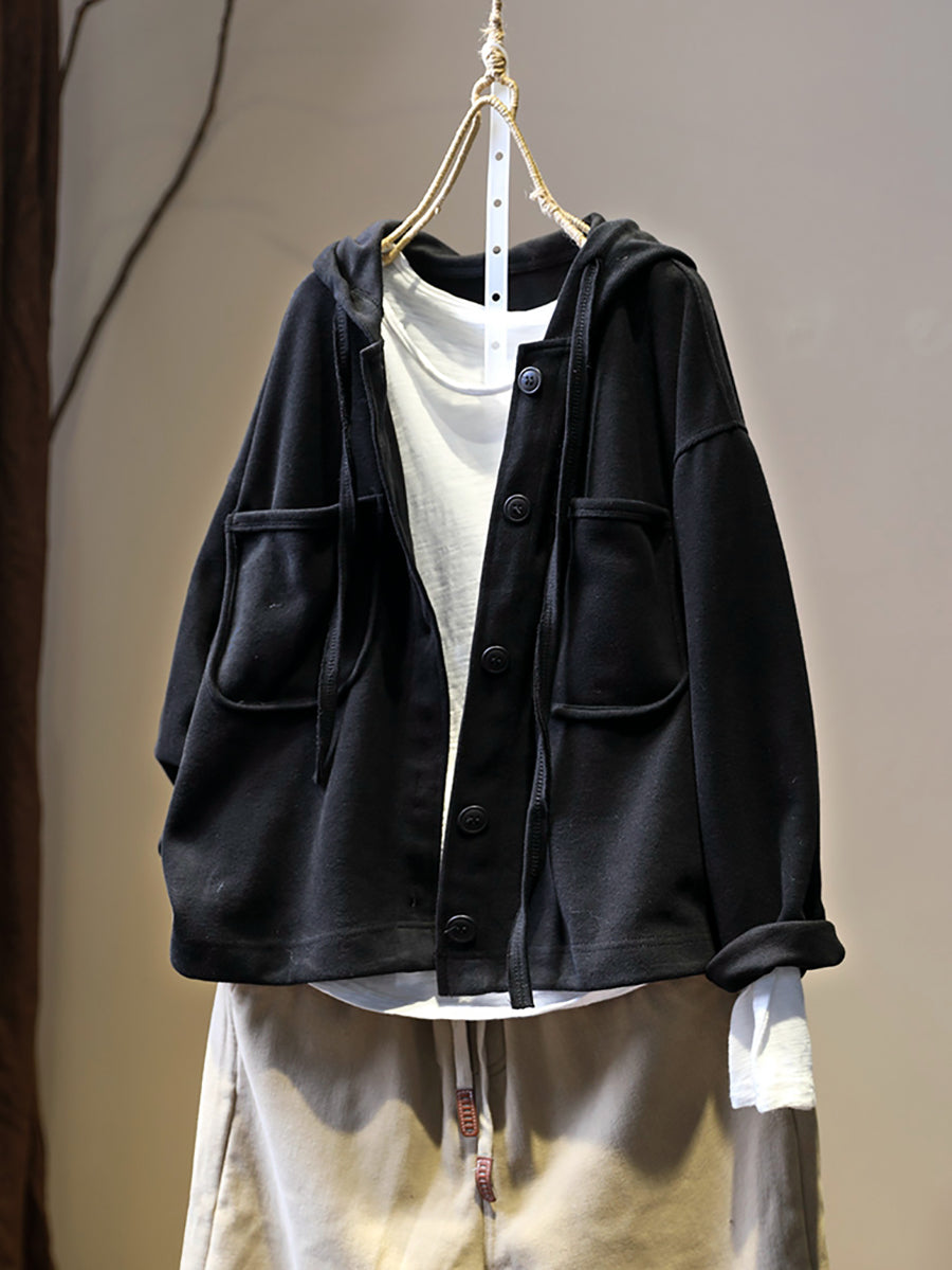 Women Autumn Pure Color Hooded Cardigan Shirt Coat