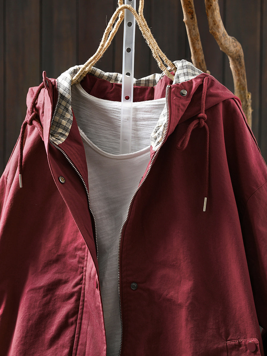 Plus Size Women Autumn Pure Color Hooded Cotton Cardigan Coat