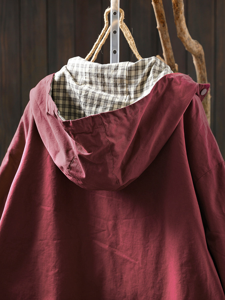 Plus Size Women Autumn Pure Color Hooded Cotton Cardigan Coat