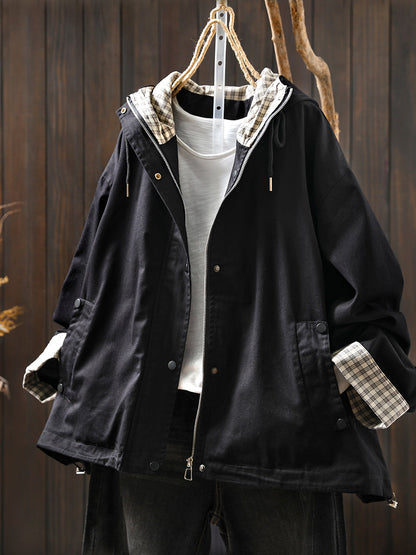 Plus Size Women Autumn Pure Color Hooded Cotton Cardigan Coat