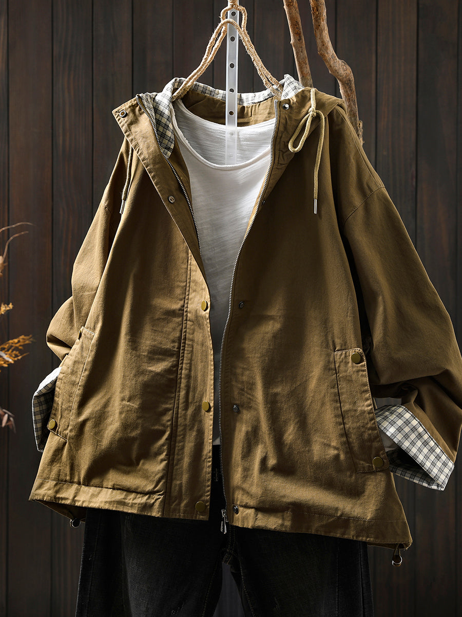 Plus Size Women Autumn Pure Color Hooded Cotton Cardigan Coat