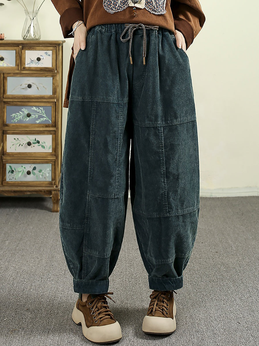 Women Autumn Retro Pure Color Spliced Croduroy Pants