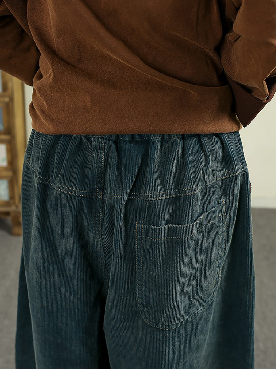 Women Autumn Retro Pure Color Spliced Croduroy Pants