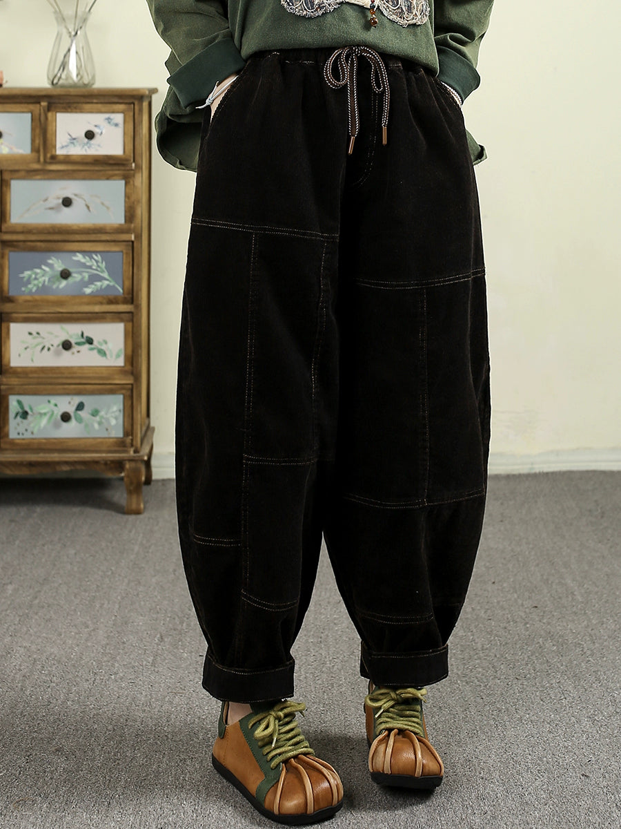 Women Autumn Retro Pure Color Spliced Croduroy Pants