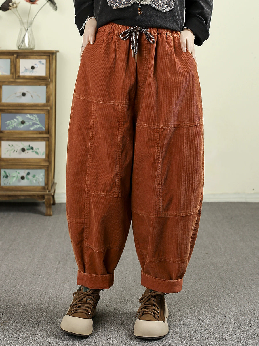 Women Autumn Retro Pure Color Spliced Croduroy Pants