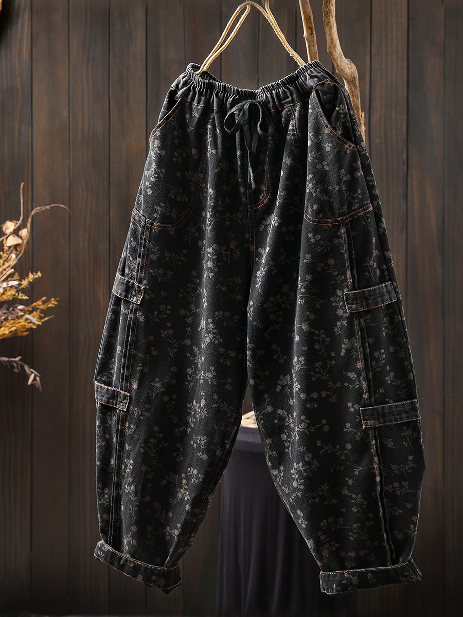 Women Autumn Retro Flower Denim Harem Pants