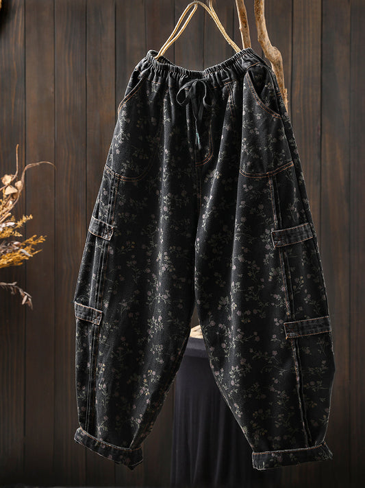 Women Autumn Retro Flower Denim Harem Pants