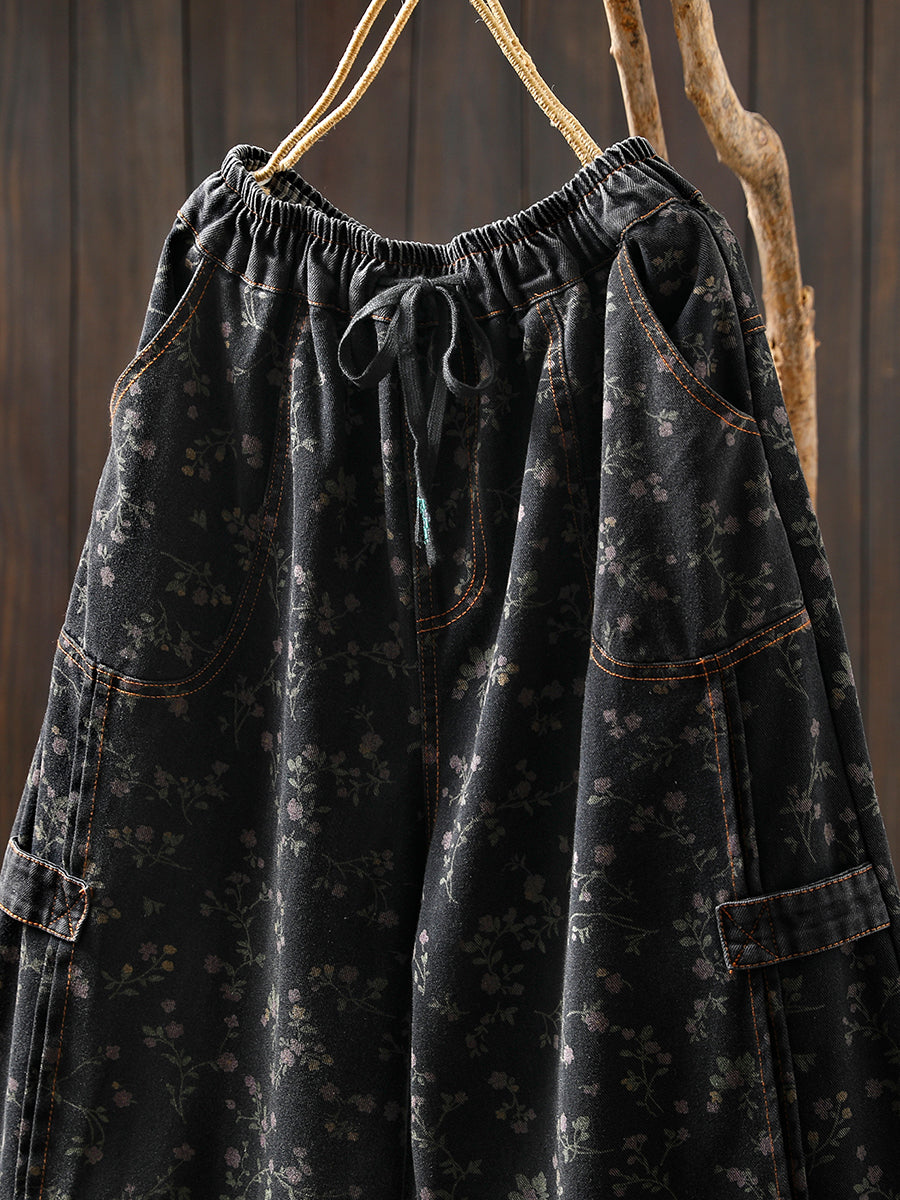 Women Autumn Retro Flower Denim Harem Pants