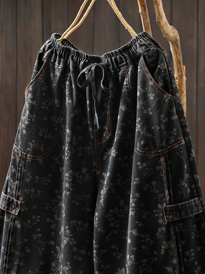 Women Autumn Retro Flower Denim Harem Pants