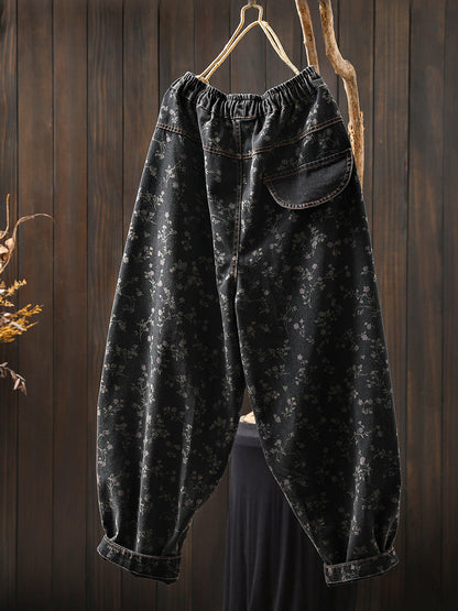Women Autumn Retro Flower Denim Harem Pants