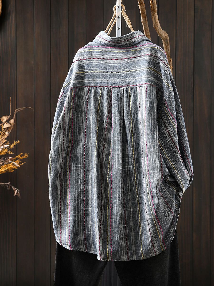 Women Autumn 100%Cotton Stripe Shirt