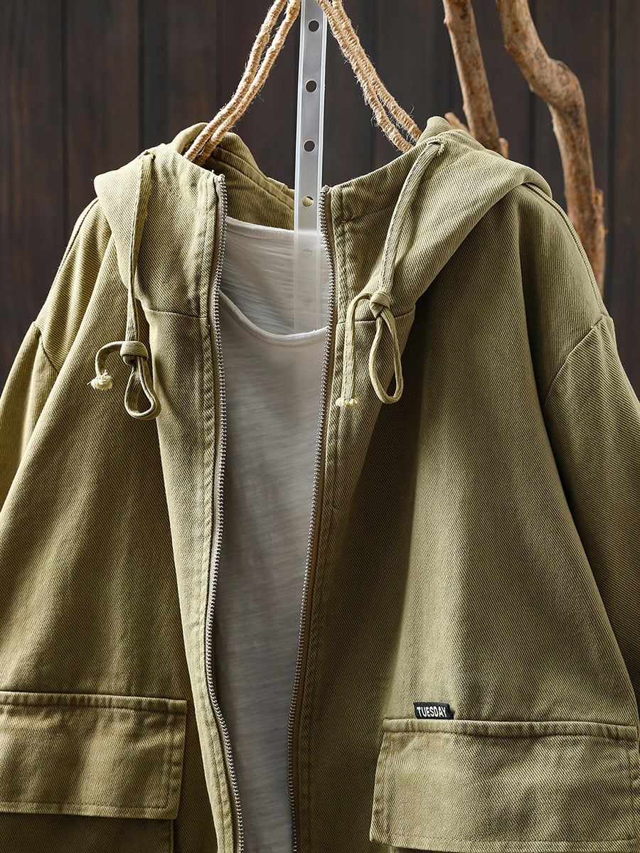 Women Autumn Pure Color Hooded Cotton Cardigan Coat