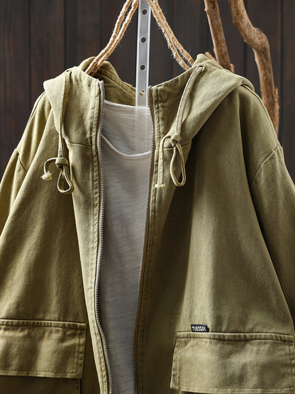 Women Autumn Pure Color Hooded Cotton Cardigan Coat