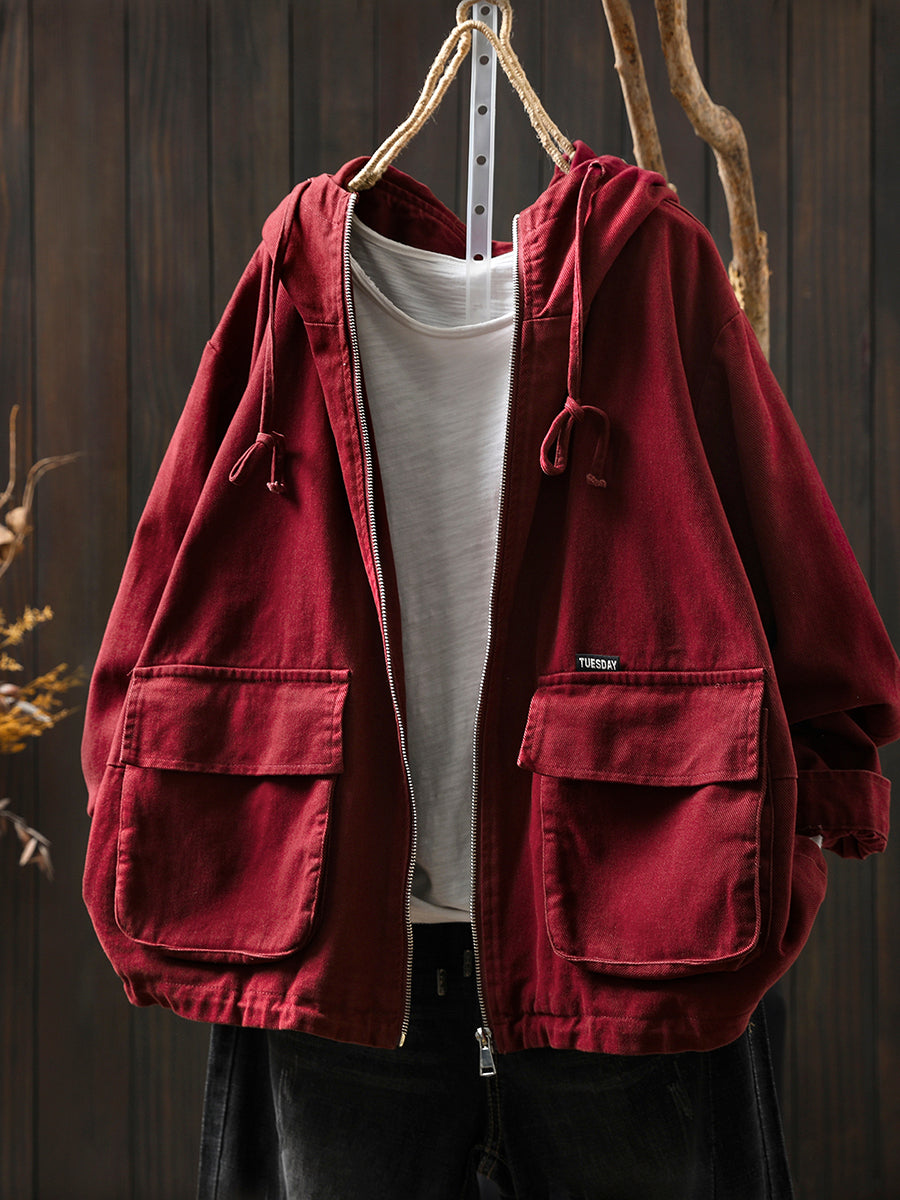 Women Autumn Pure Color Hooded Cotton Cardigan Coat