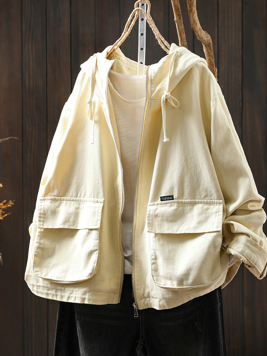 Women Autumn Pure Color Hooded Cotton Cardigan Coat