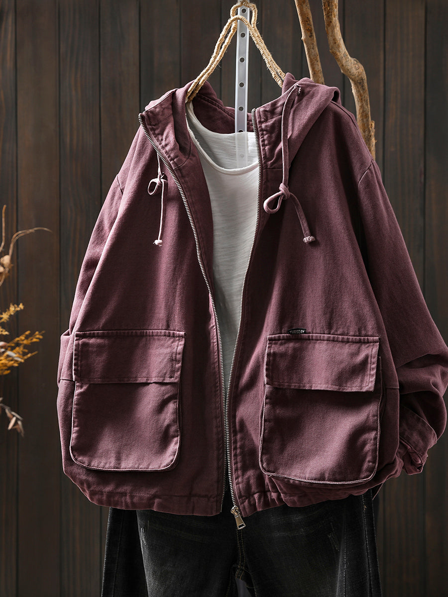 Women Autumn Pure Color Hooded Cotton Cardigan Coat