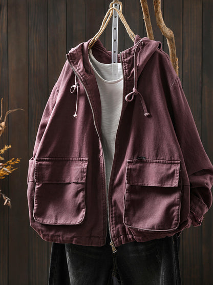 Women Autumn Pure Color Hooded Cotton Cardigan Coat