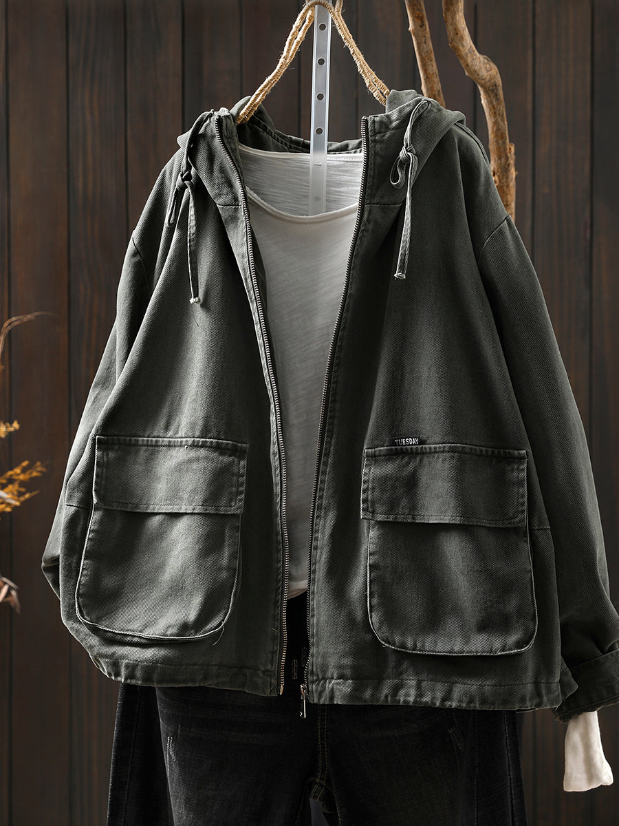 Women Autumn Pure Color Hooded Cotton Cardigan Coat