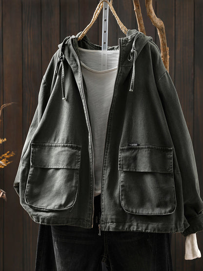 Women Autumn Pure Color Hooded Cotton Cardigan Coat