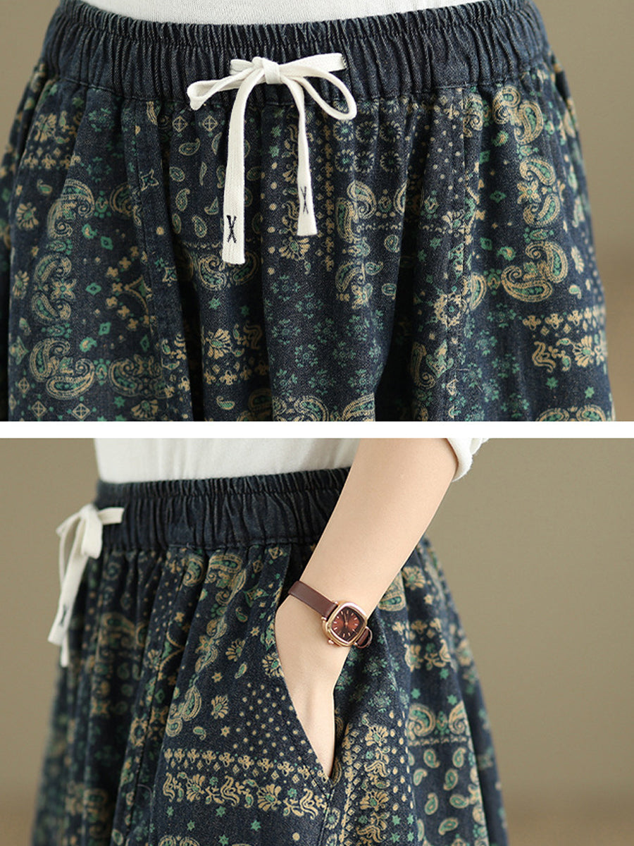 Women Ethnic Print Denim Skirt