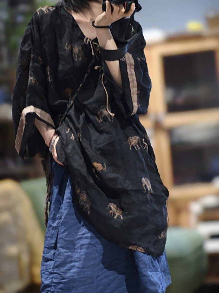 Women Autumn Artsy Flower V-Neck Ramie Shirt