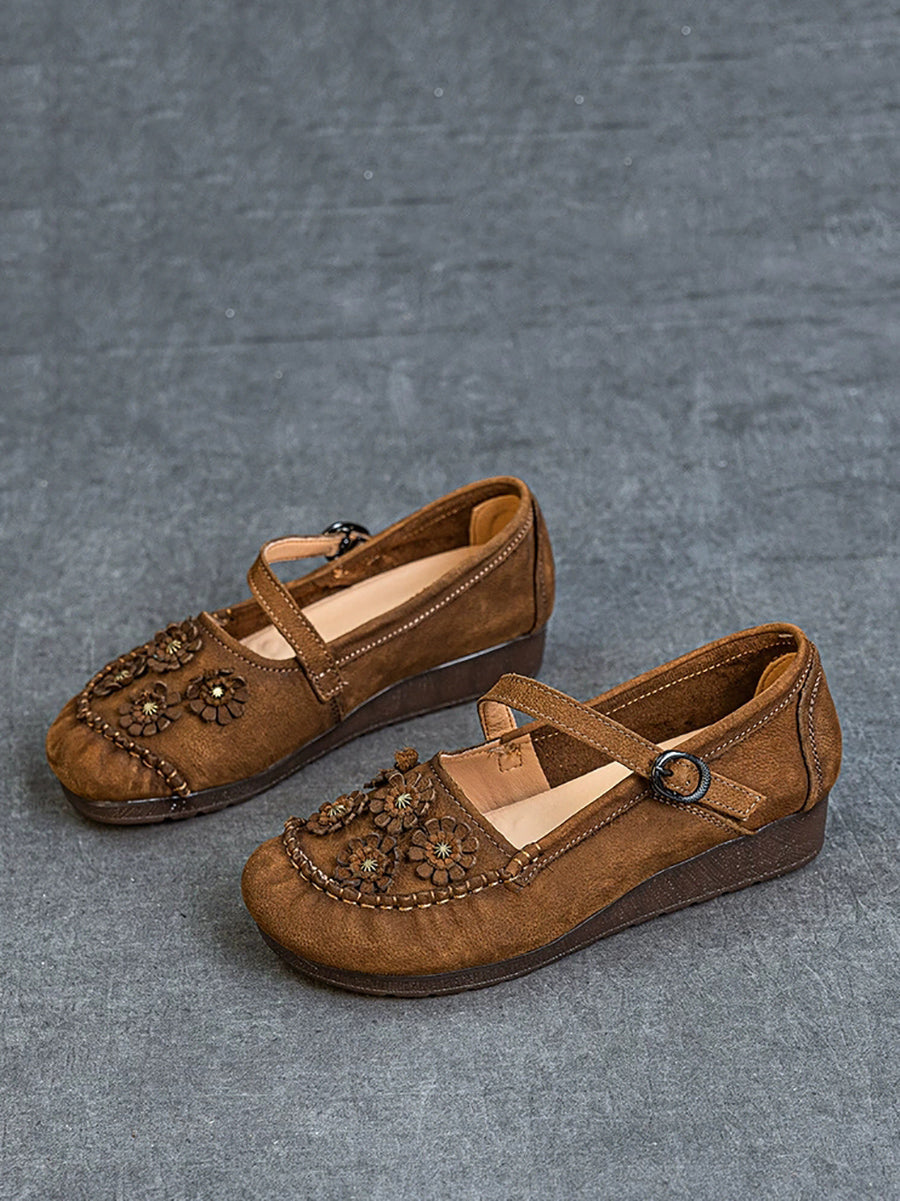 Women Summer Vintage Flower Leather Low Heel Shoes
