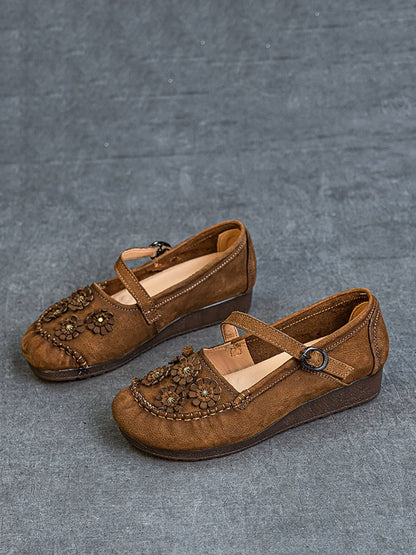 Women Summer Vintage Flower Leather Low Heel Shoes