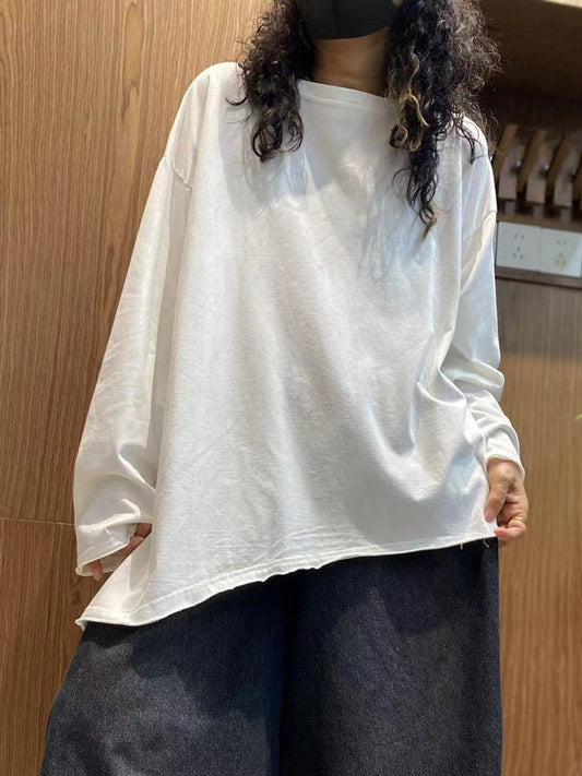 Plus Size Women Autumn Casual Pure Color 100%Cotton O-Neck Shirt