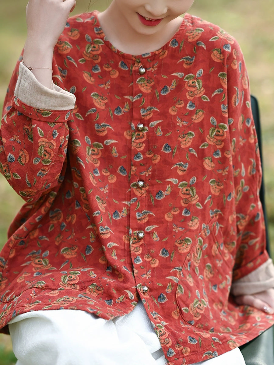 Women Autumn Flower 100%Cotton O-Neck Shirt