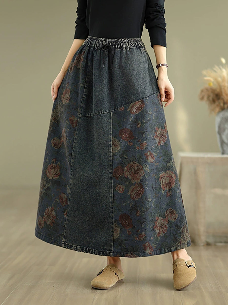 Women Retro Flower Washed Denim Spliced A-Shape Skirt