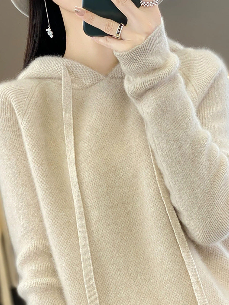 Women Autumn Casual Pure Color Hooded Sweater
