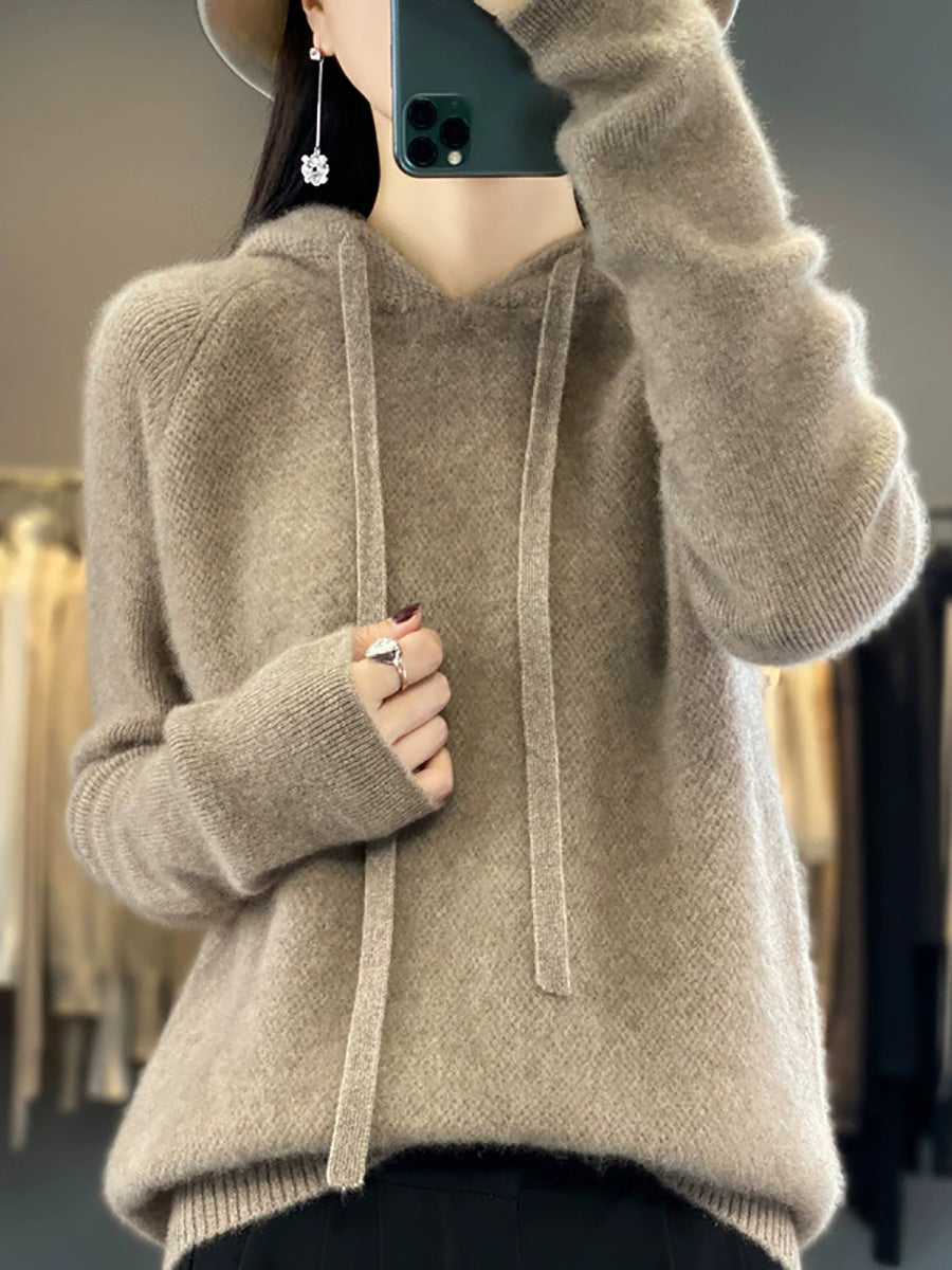 Women Autumn Casual Pure Color Hooded Sweater