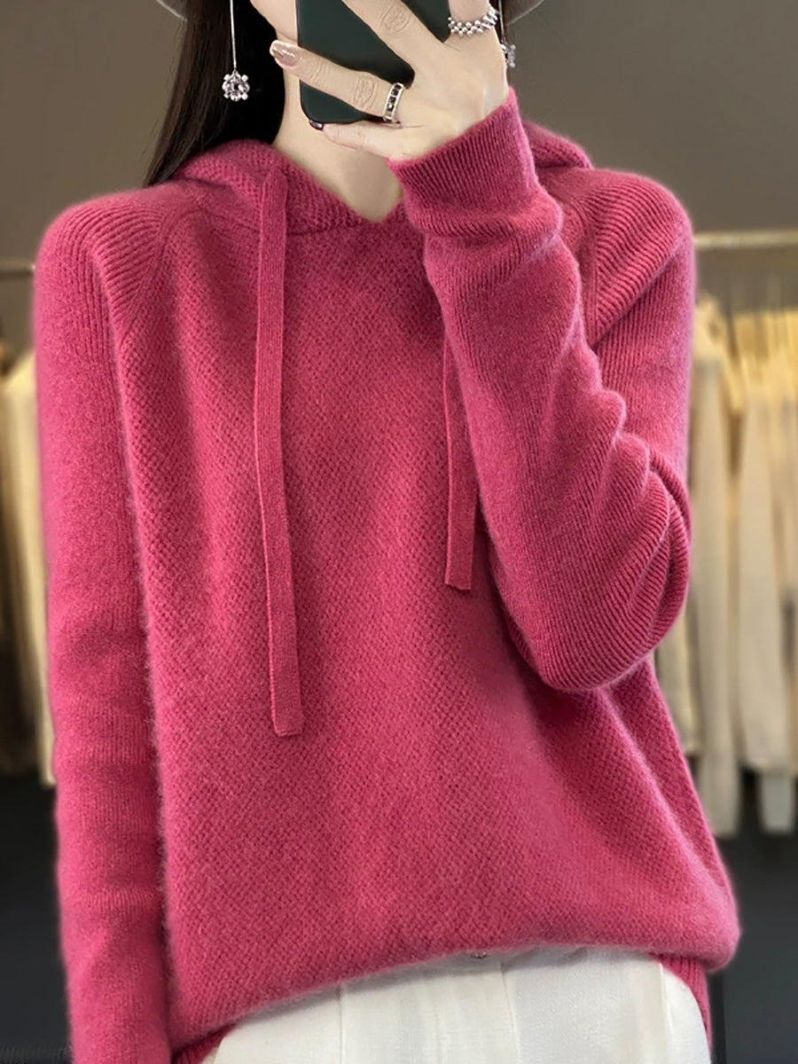 Women Autumn Casual Pure Color Hooded Sweater